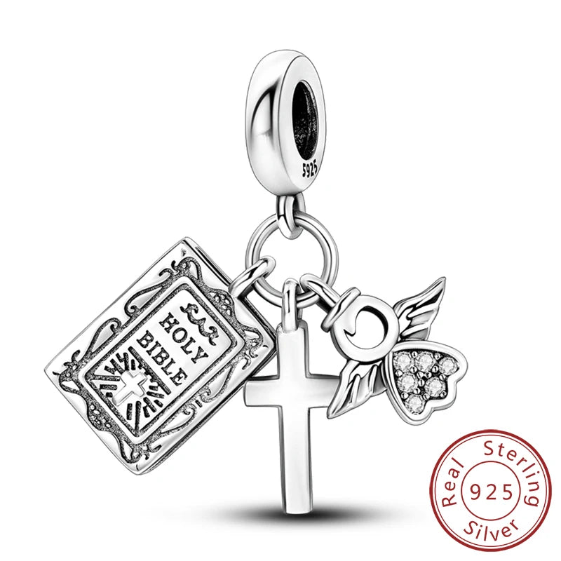 Sterling silver charm beads set featuring cross, angel, and evil eye designs for DIY jewelry making