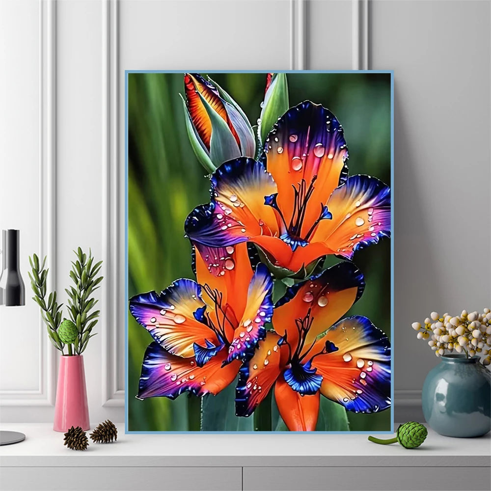 A vibrant painting of an orange and purple lily flower in a diamond painting kit.