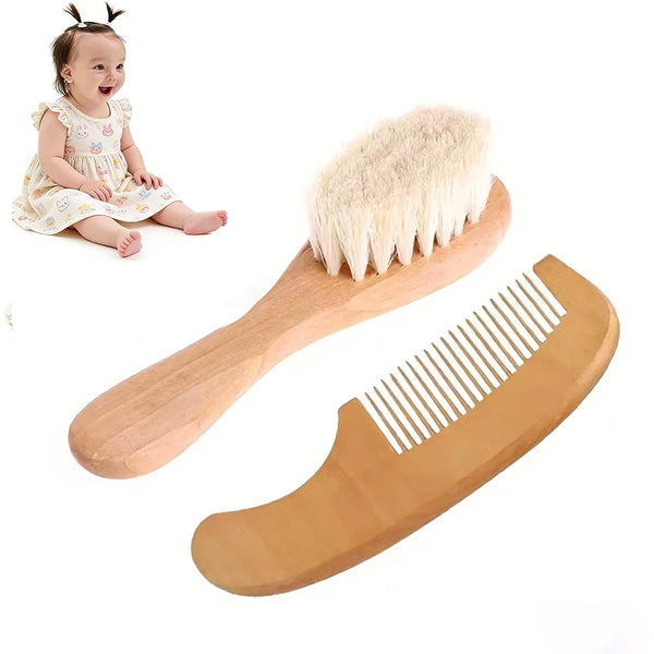 A natural beech wood comb with a light blonde brush is shown next to a baby.