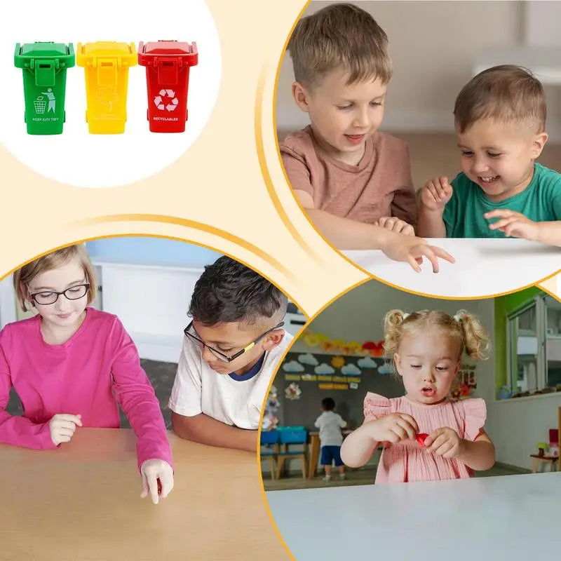A set of three mini recycling truck toys in green, yellow, and red for children.