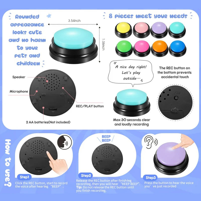 A black recordable talking button with a light blue top and microphone for recording voice messages