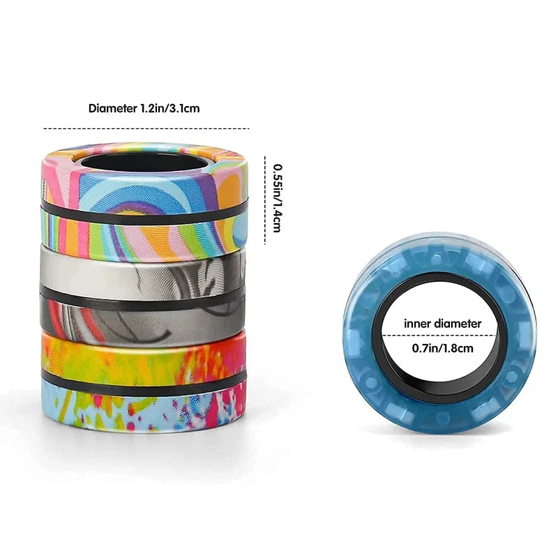 A set of three colorful magnetic fidget rings with a 1.2-inch diameter shown next to an inner diameter view.