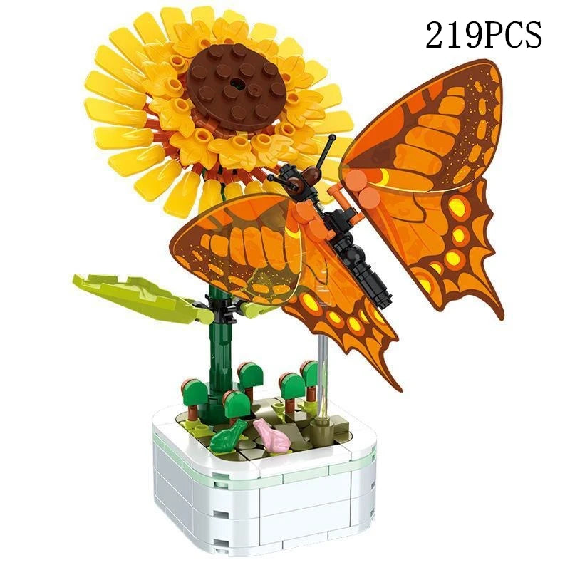 A set of 219 pieces of rose flower building blocks shaped like a sunflower and butterfly.