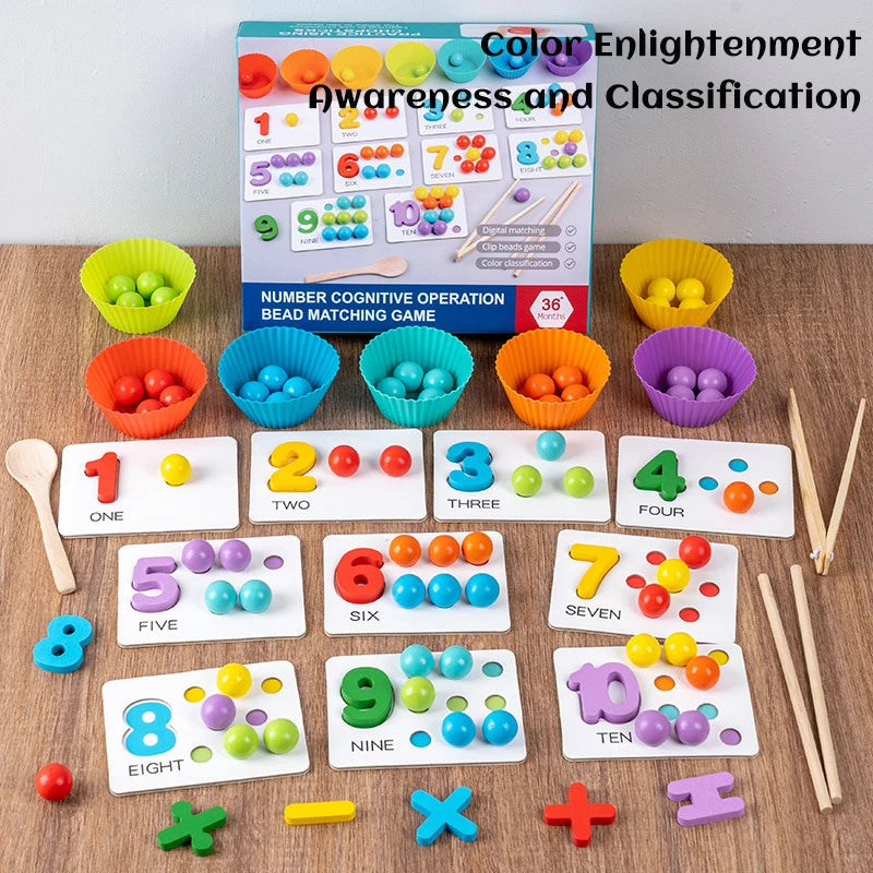 A set of wooden clip beads and number cards for color enlightenment awareness and classification games