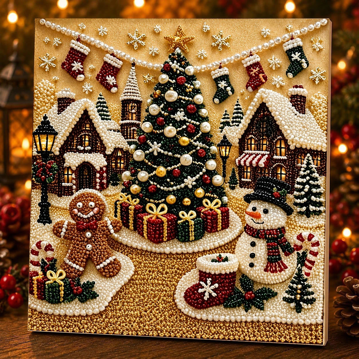 A diamond painting featuring a festive Christmas scene with a decorated tree, houses, and snow under warm lights.