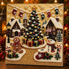 A diamond painting featuring a festive Christmas scene with a decorated tree, houses, and snow under warm lights.