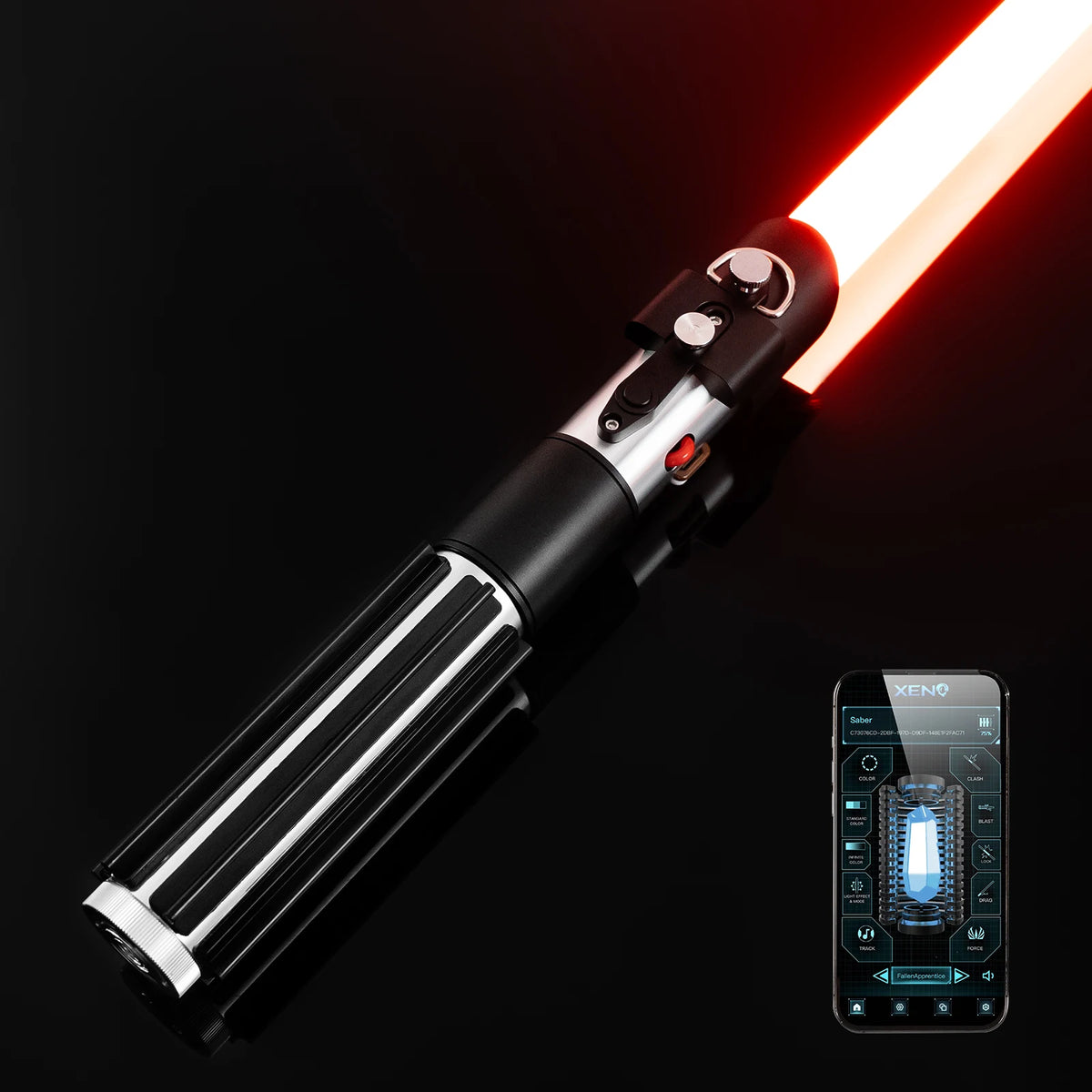 A black lightsaber with a white blade and a handle featuring an integrated smartphone for control.