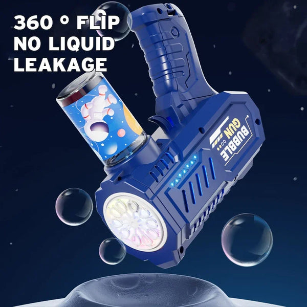 Blue bubble gun with a translucent barrel and a light, shown in a 360 flip demonstration.