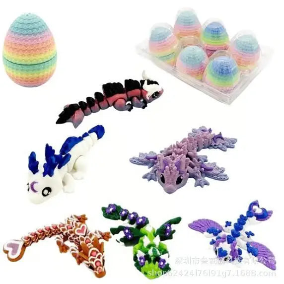 A set of six articulated dragon eggs in various colors and patterns for decoration.