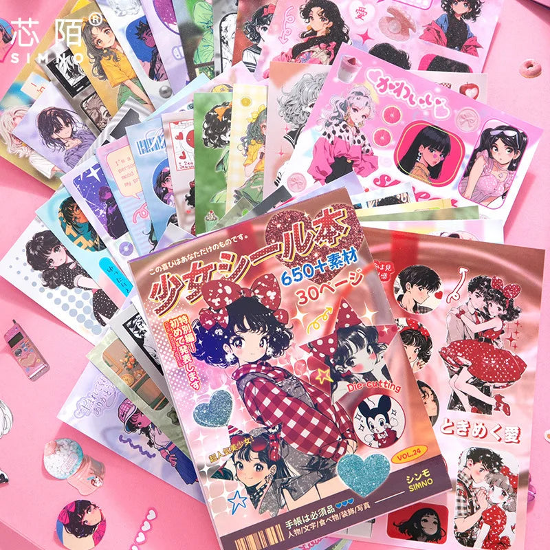 A collection of die-cut sticker sheets featuring characters and designs from the Kawaii Showa Diary set