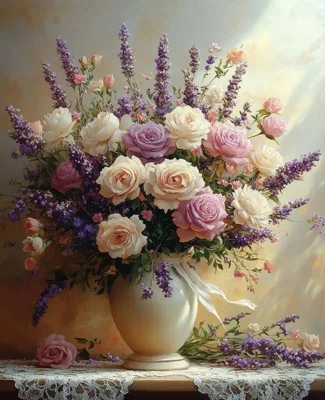 A beautiful floral arrangement featuring pink, purple, and cream roses and lavender on a white cloth.