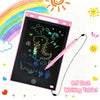 A pink 8.5-inch LCD writing tablet with a stylus pen is shown against a background of a rainbow and sun.