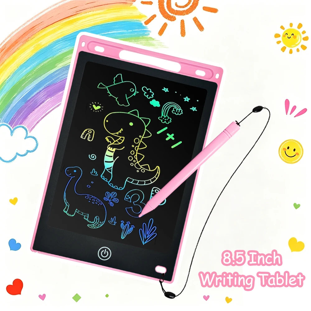 A pink 8.5-inch LCD writing tablet with a stylus pen is shown against a background of a rainbow and sun.
