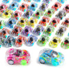 A collection of colorful mini pull-back race cars in various colors and designs.
