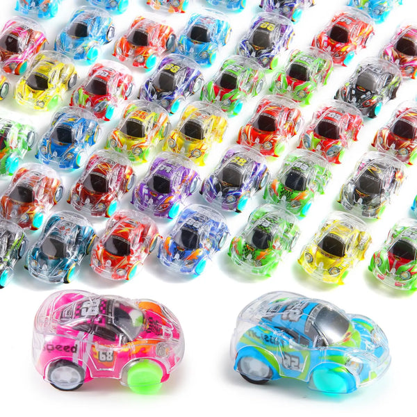 A collection of colorful mini pull-back race cars in various colors and designs.