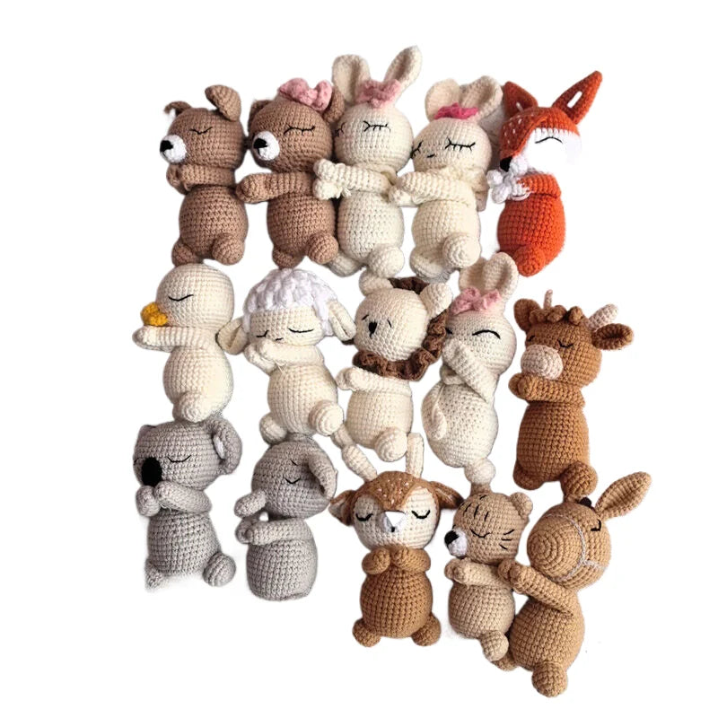 Handmade Amigurumi Plush Toy Set – Fox, Cow & Lamb Sleeping Dolls