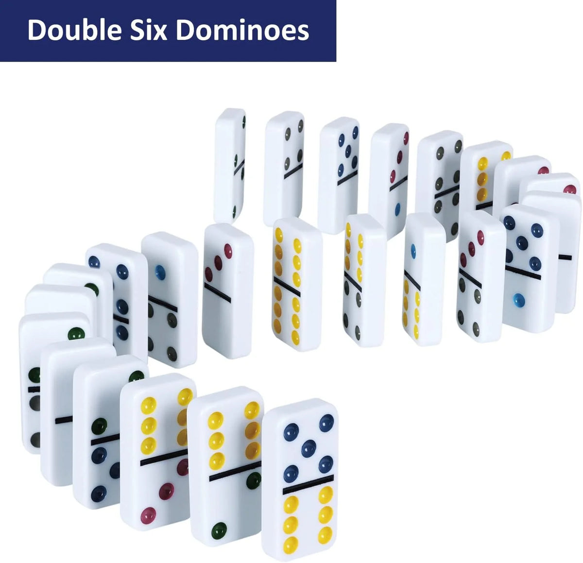 A collection of double six domino tiles in various colors and patterns laid out for a game.