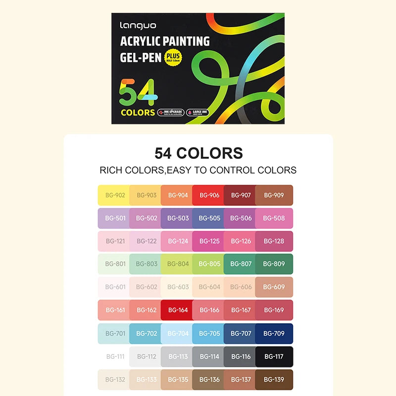 A box of Lanquo Acrylic Painting Gel-Pen set featuring 54 colors for drawing and journaling.