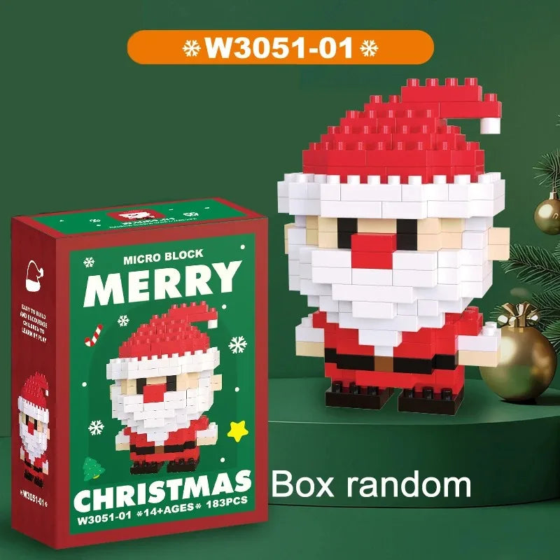 A box of Christmas micro block set featuring a Santa face and reindeer design, with the assembled figure visible next to it.