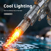 A close-up of an auto-sensor electric water gun with bright yellow LED lights firing a stream of water.