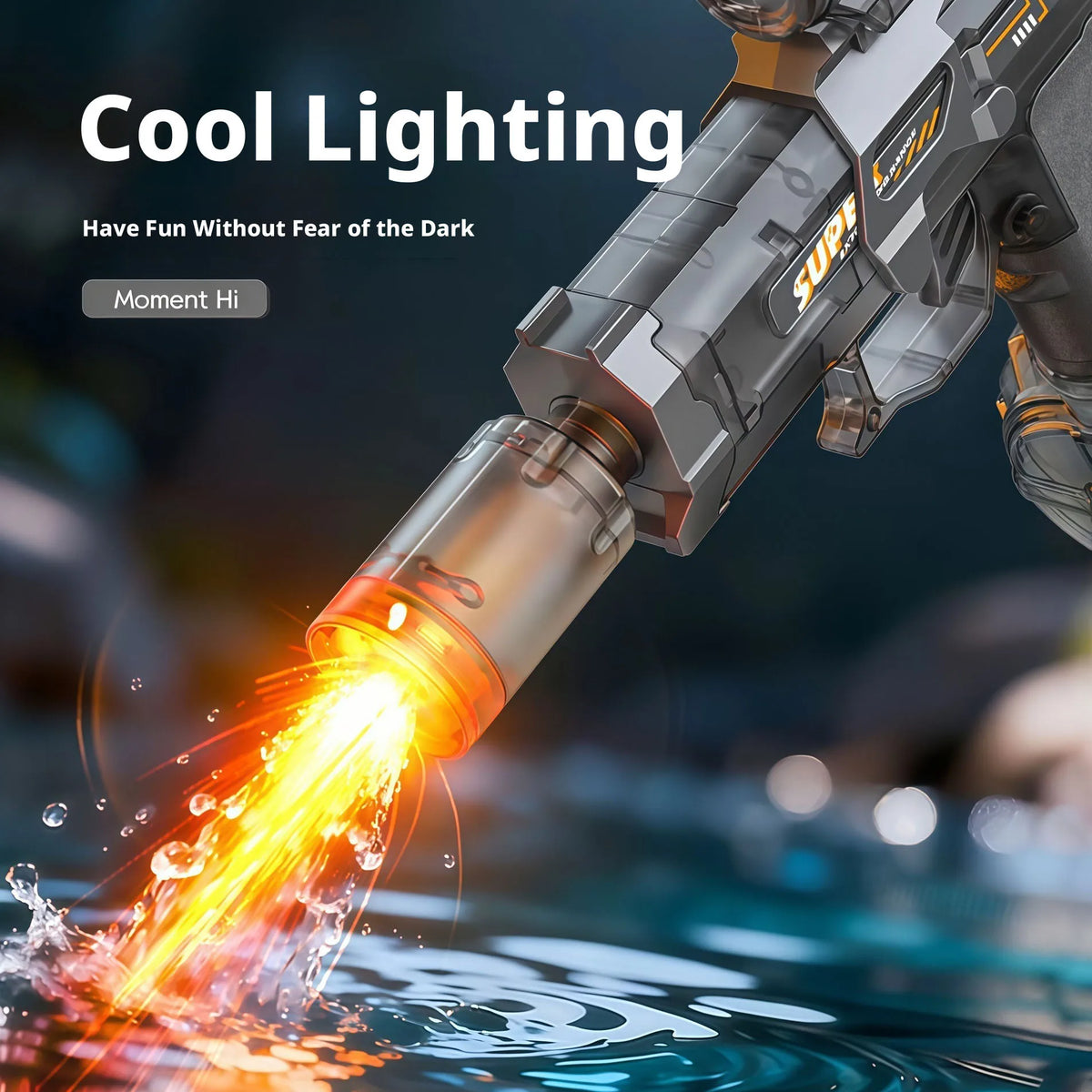 A close-up of an auto-sensor electric water gun with bright yellow LED lights firing a stream of water.