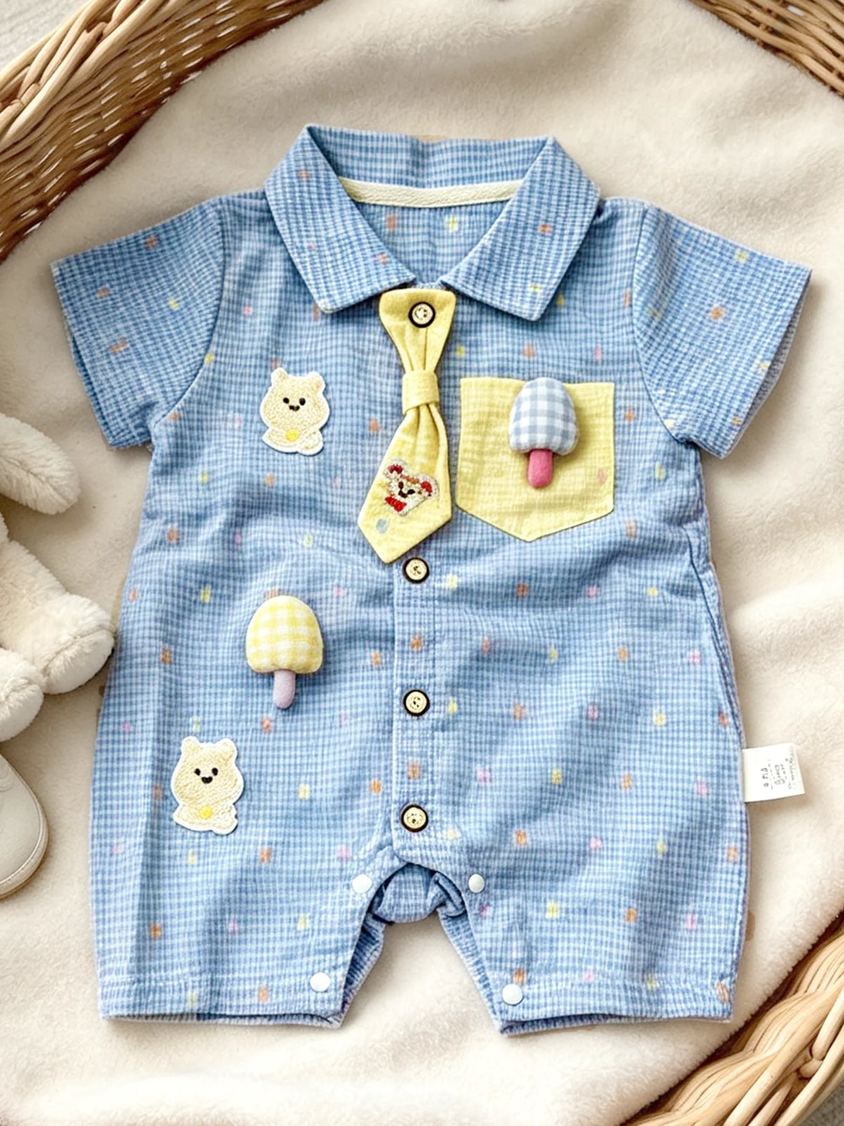 A light blue baby boy short-sleeve romper with yellow collar and appliqués of a bear and mushroom on the chest