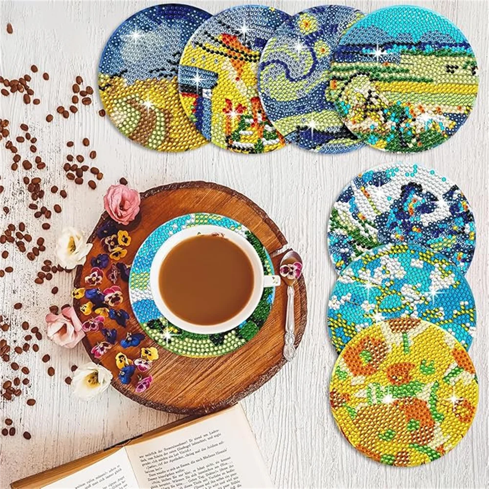 Van Gogh Starry Night Diamond Painting Coaster Kit with Metal Holder