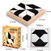 A wooden puzzle cube with black and white blocks is shown alongside its storage box and a diagram.