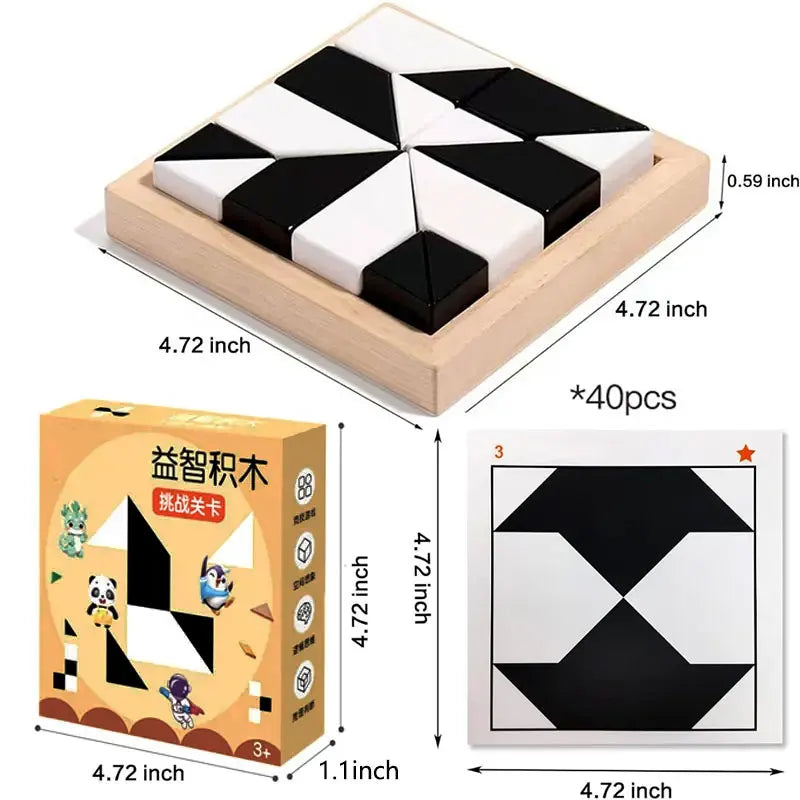 A wooden puzzle cube with black and white blocks is shown alongside its storage box and a diagram.