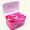 A pink plastic medical kit for pretend play featuring doctor and nurse tools including a stethoscope.