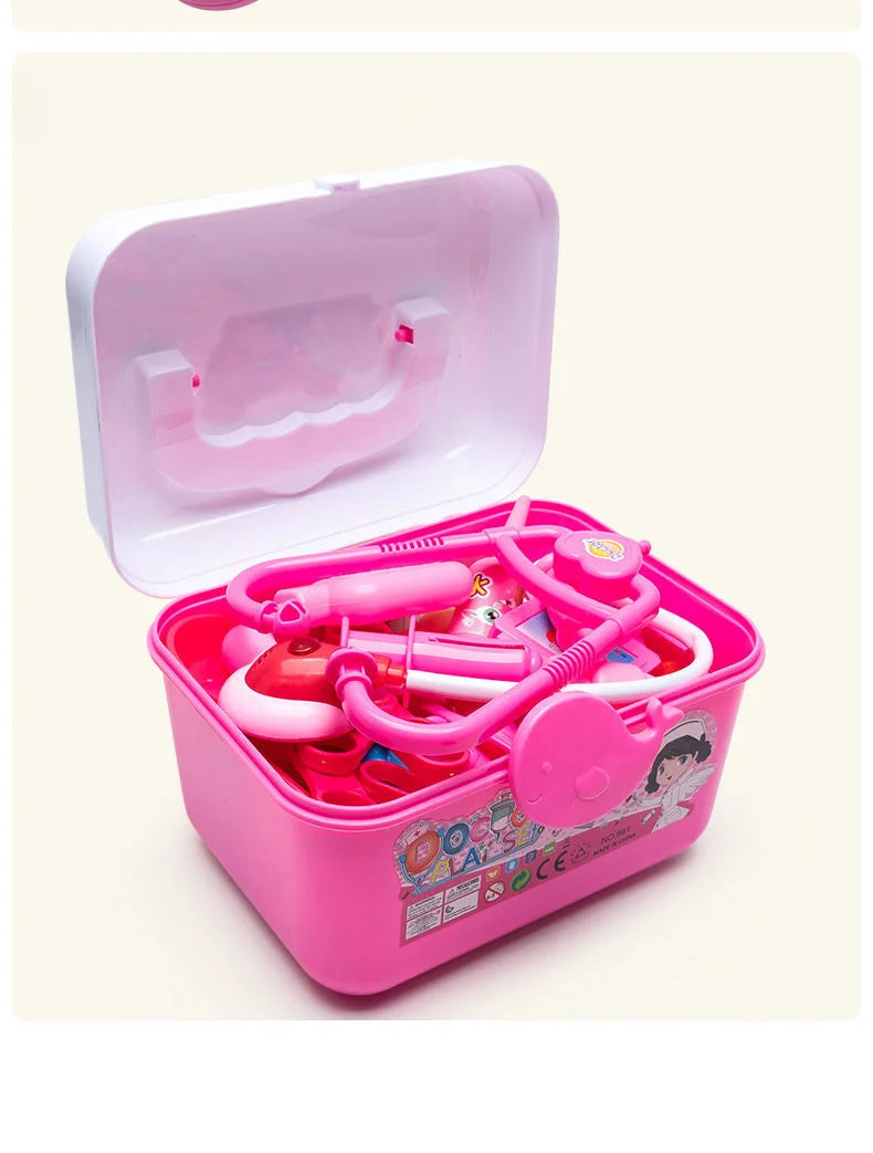 A pink plastic medical kit for pretend play featuring doctor and nurse tools including a stethoscope.