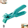 A teal silicone pot gripper with metal tongs is shown in a close-up view.