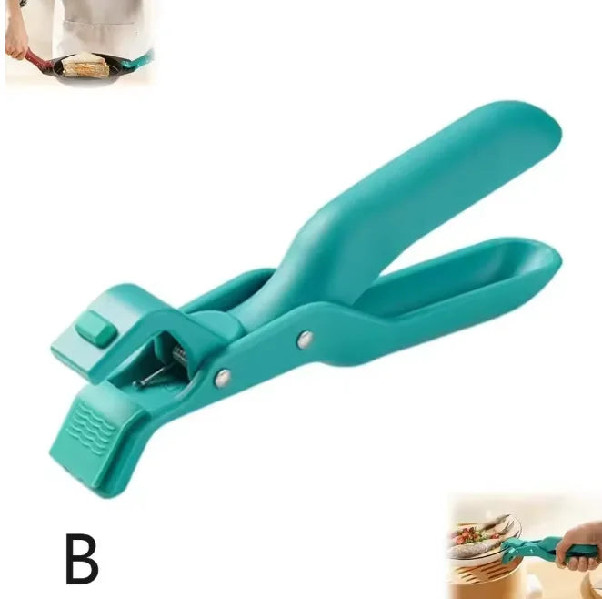 A teal silicone pot gripper with metal tongs is shown in a close-up view.