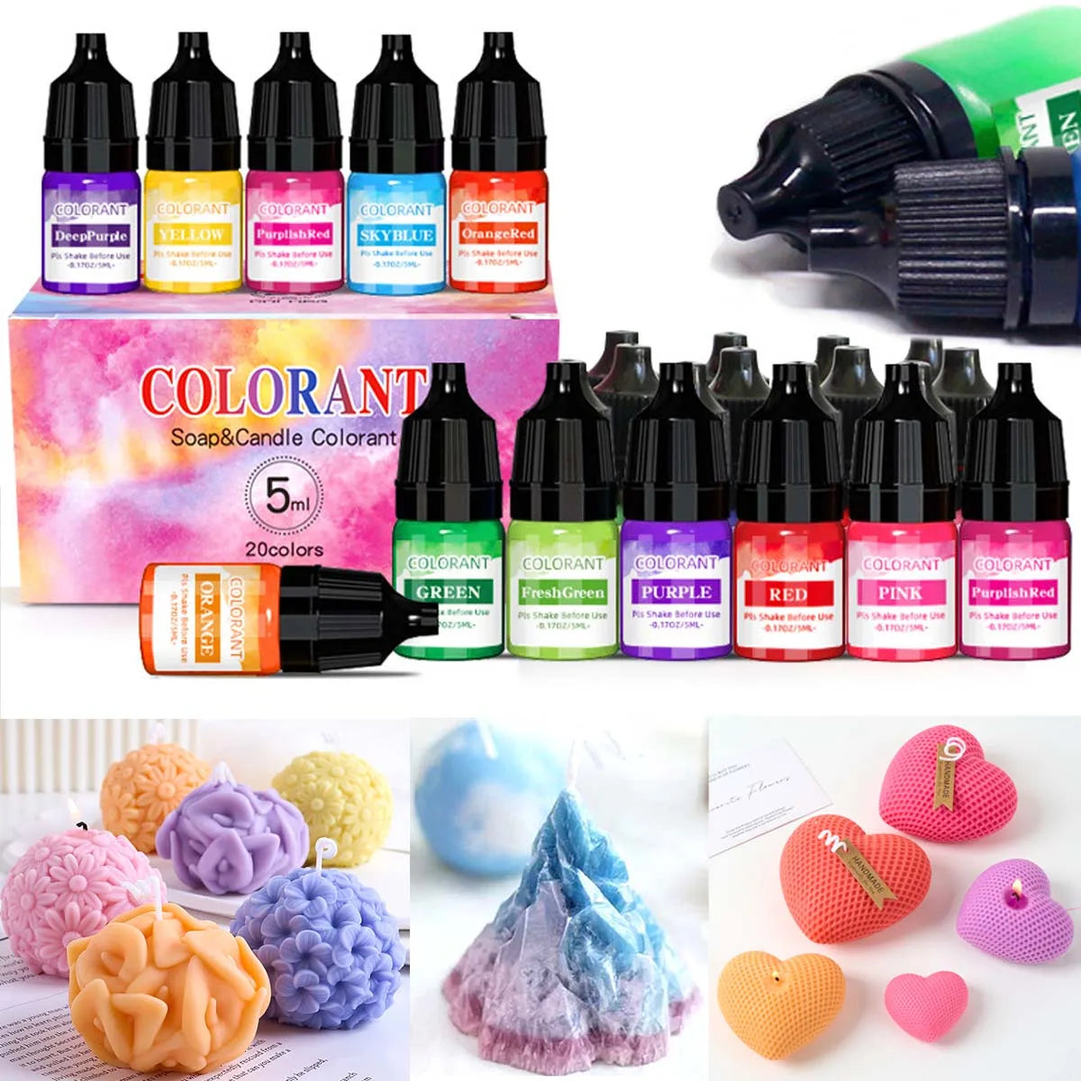 A collection of liquid colorants in various shades including purple, yellow, green, and pink for candle and soap making.