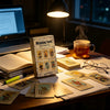 A spread of tarot cards, a notebook, and a laptop on a wooden table with a lamp in the background.