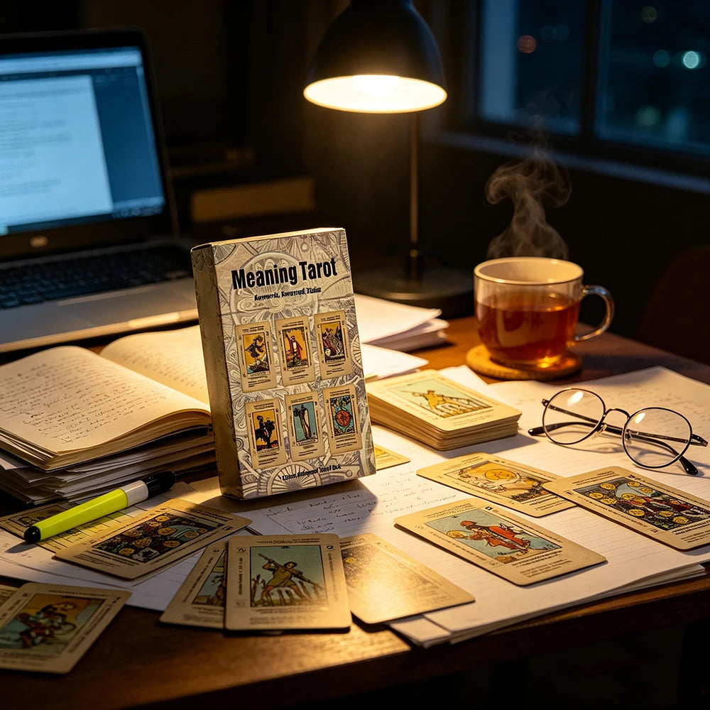 A spread of tarot cards, a notebook, and a laptop on a wooden table with a lamp in the background.