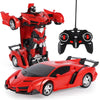 A red transforming RC car robot is shown with its separate robot mode and car mode, along with a remote control.