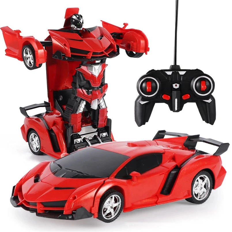 A red transforming RC car robot is shown with its separate robot mode and car mode, along with a remote control.