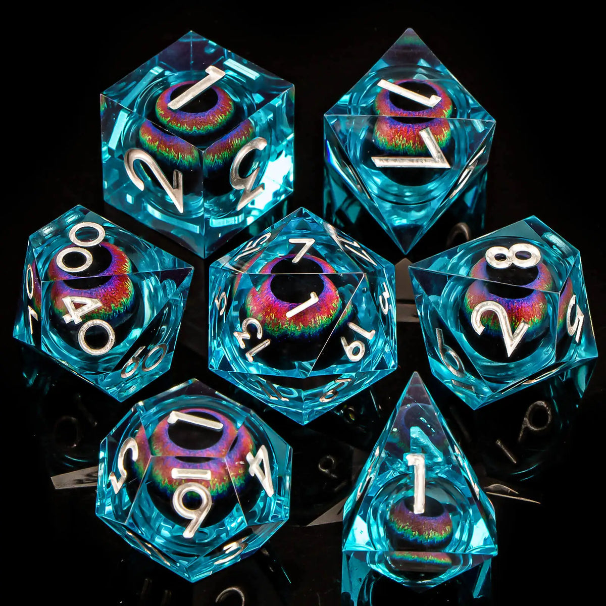 Dragon Eye Resin Dice Set with Liquid Core - 7 Polyhedral Dice for RPG Gaming