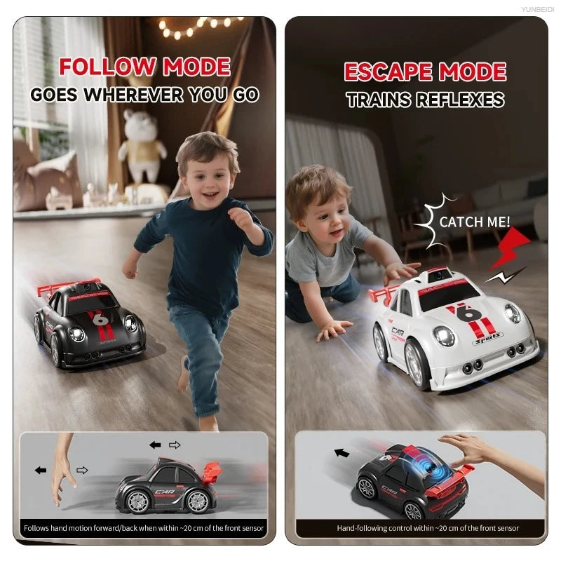 A black drift RC car is shown in action, demonstrating follow mode and escape mode features.
