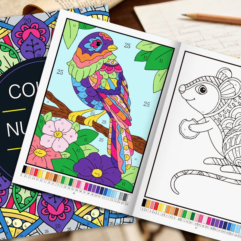 A color by number activity book featuring floral and mandala designs for adults.