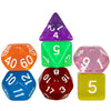 A set of transparent polyhedral dice including a purple tetrahedron, green cube, blue dodecahedron, and red d20.