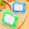 Three colorful mini drawing boards in orange, blue, and green are displayed on a wooden surface.