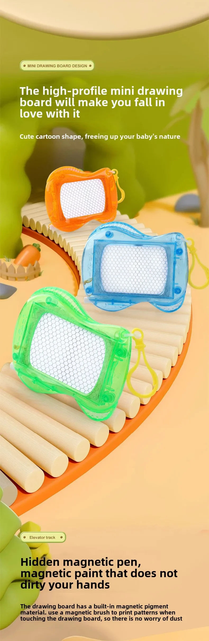 Three colorful mini drawing boards in orange, blue, and green are displayed on a wooden surface.