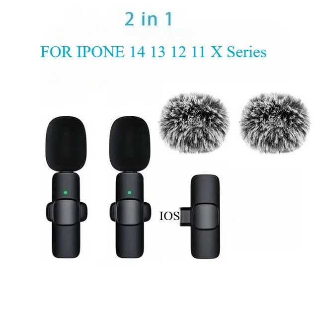Two black wireless lavalier microphones with fuzzy foam windscreens shown next to an iOS logo.