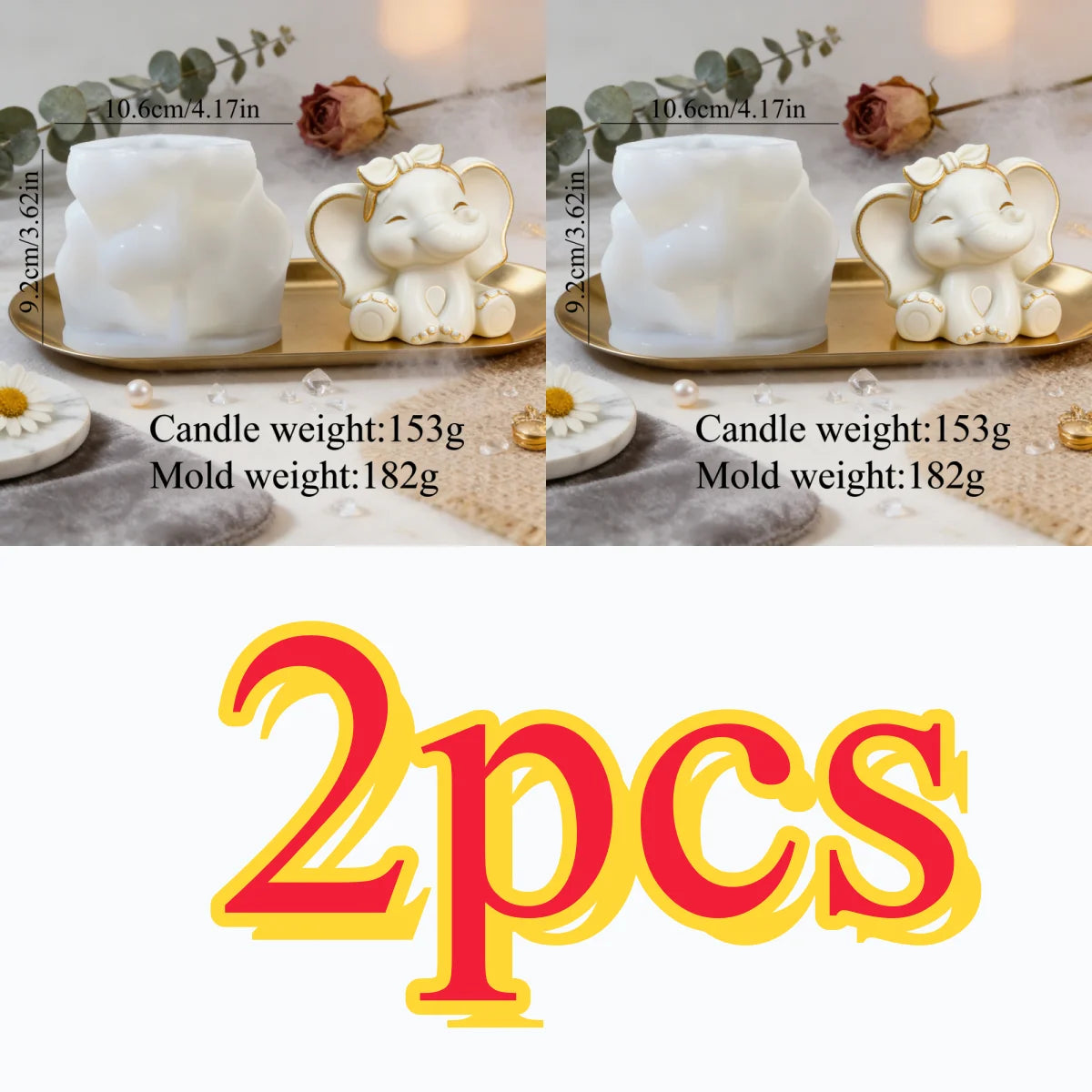 Two white elephant silicone molds shown with finished candles and molds for craft projects