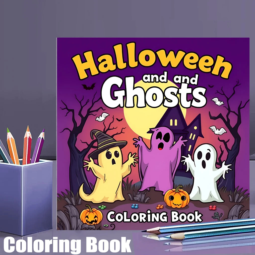 A Halloween and Ghosts coloring book featuring a yellow ghost and a purple ghost against a dark background with trees and a m