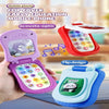 A hand holds a purple flip cover mobile phone with colorful buttons and a red version of the same educational toy.