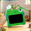 A hand holds a green frog-shaped LCD drawing tablet keychain with a stylus and a clip.