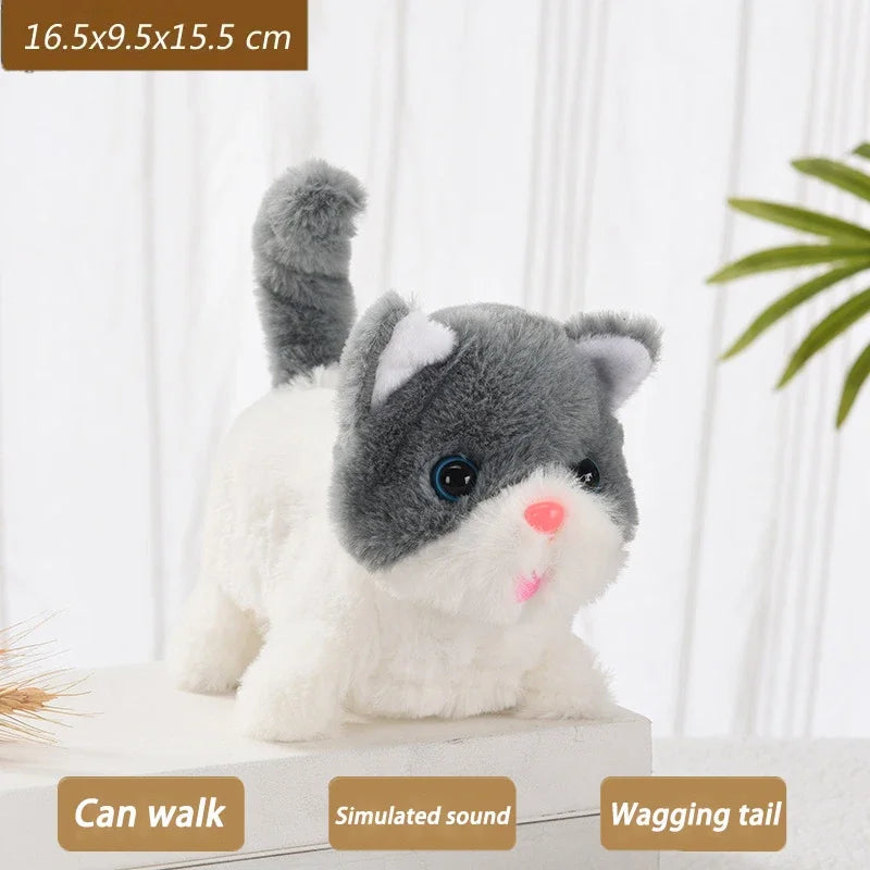 A gray and white plush cat toy is shown with features that allow it to walk, make a simulated sound, and wag its tail.
